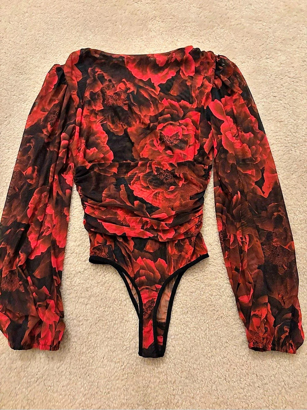 Marciano Passion Flower Mesh Bodysuit Red & Black XS